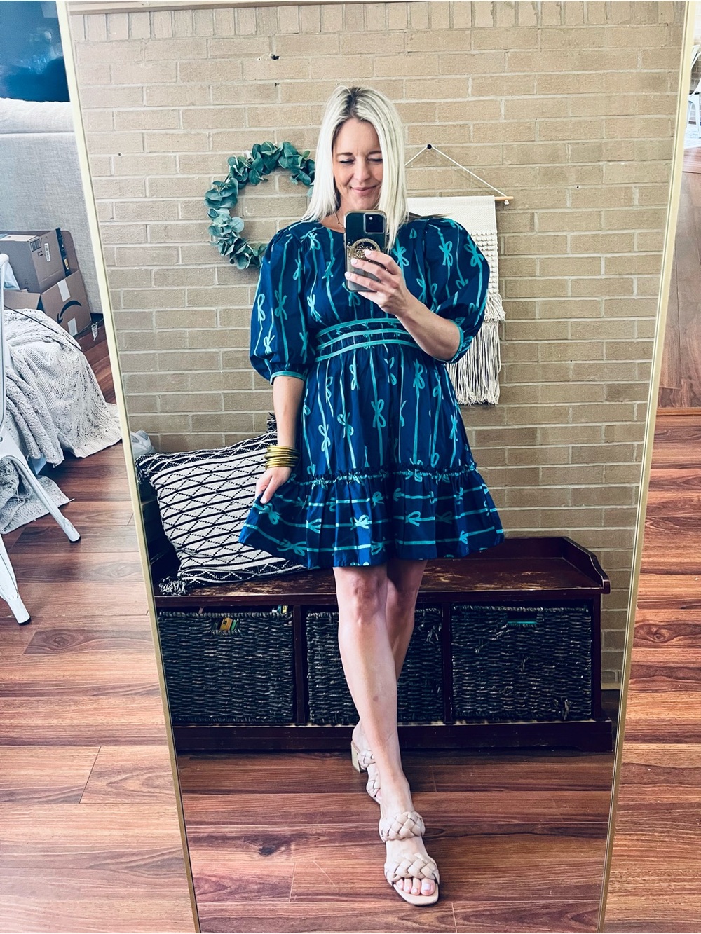 Umgee Navy Dress with Teal Bow Motif